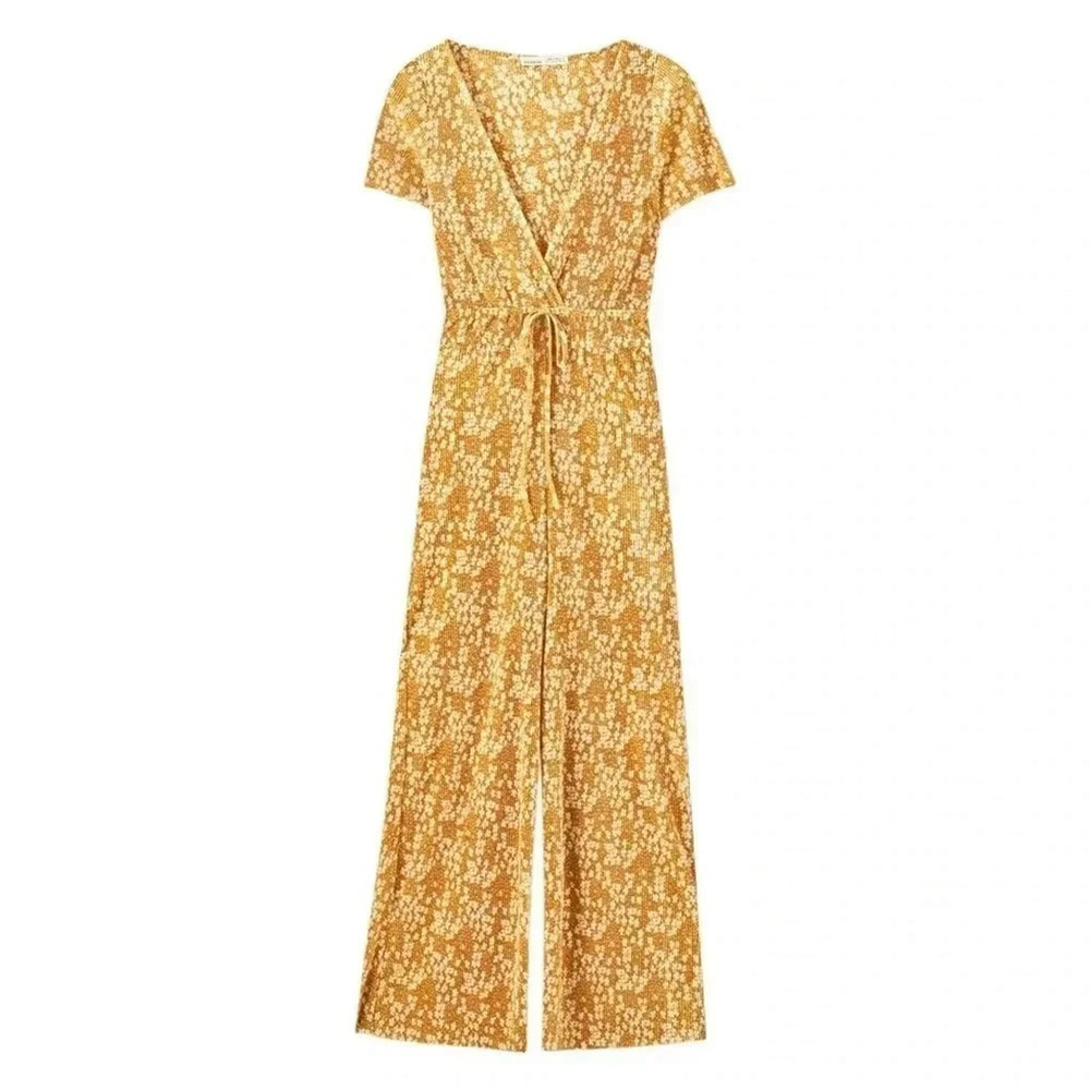 Pull&Bear Floral Yellow Gold Pleated Crossover V-Neck Wide-Leg Jumpsuit - Small